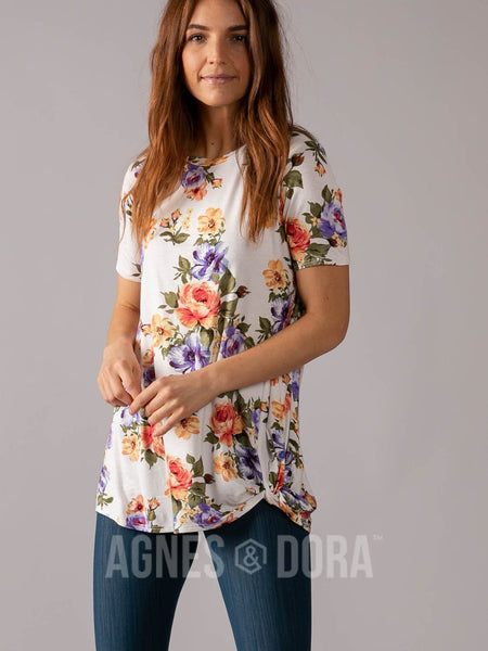 Agnes & Dora™ Side Knot Tunic Ivory/Rust/Purple Floral