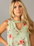 Agnes & Dora™ Swing Tee Cut out Neckline Sage/Coral Floral