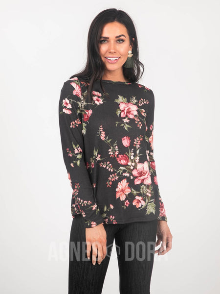 Agnes & Dora™ Cross Over Sweater Charcoal Floral