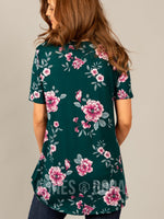 Agnes & Dora™ Side Knot Tunic Half Sleeve Emerald/Mauve Floral