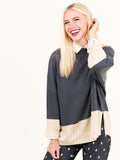 Agnes & Dora™ Boxy Sweater 3/4 Sleeve Gray and Beige